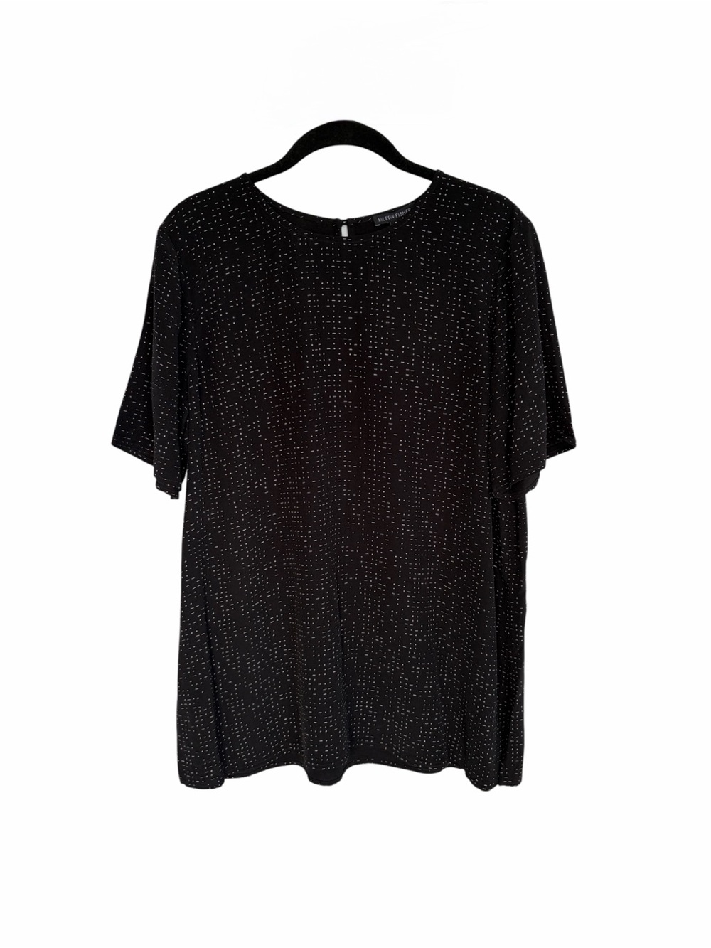 Eileen Fisher Womens Size 12 Black Morse Code Print Round Neck Short Sleeve Top